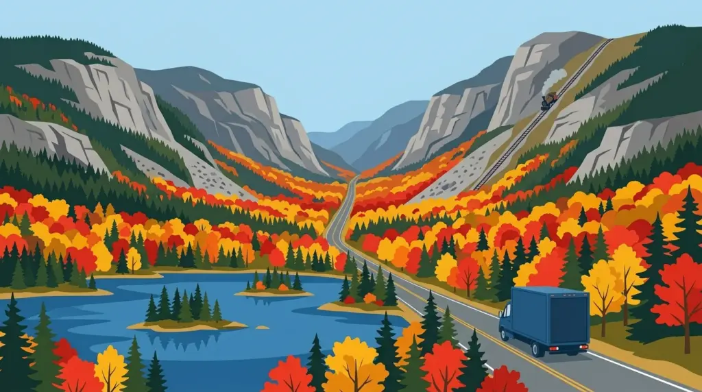 Illustrated guide to moving to New Hampshire, showing housing, neighbourhoods, costs and arrival