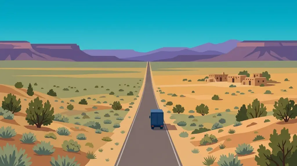 Illustrated landscape of New Mexico, showing characteristic terrain and a moving truck on an open road