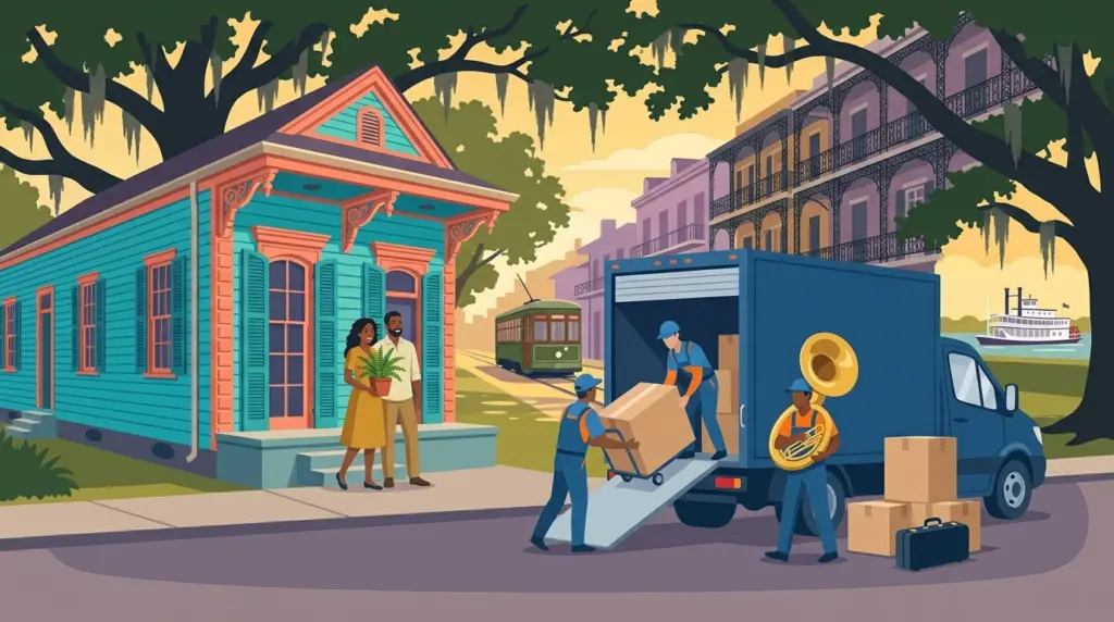 Illustrated guide to moving to New Orleans, showing housing, neighbourhoods, costs and arrival