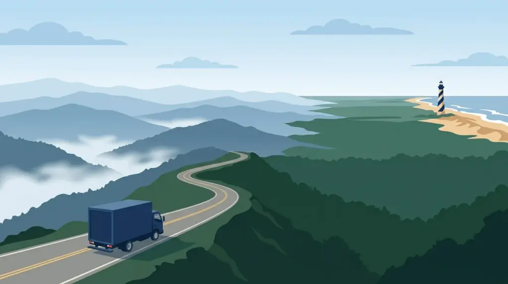 Illustrated guide to moving to North Carolina, showing housing, neighbourhoods, costs and arrival