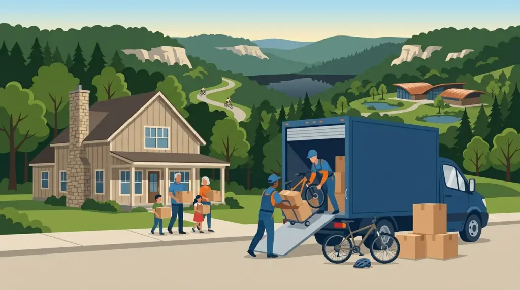 Illustrated guide to moving to Northwest Arkansas, showing housing, neighbourhoods, costs and arrival