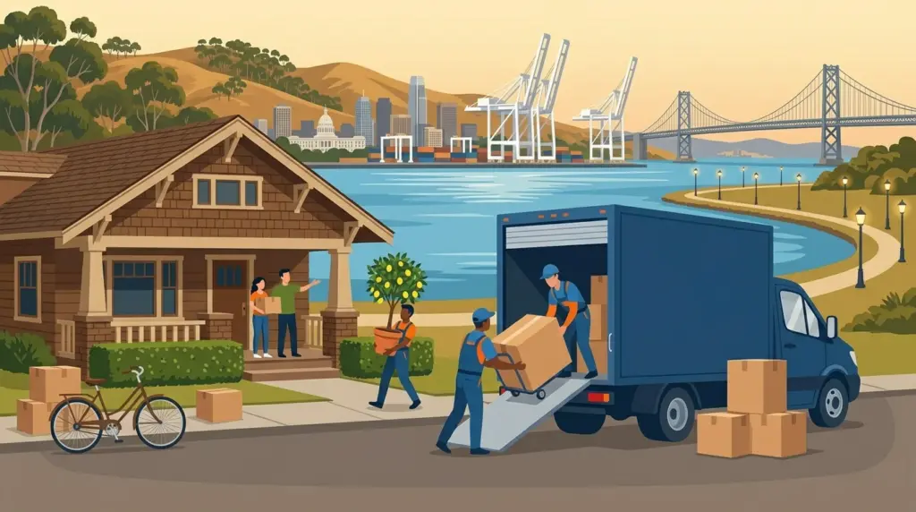 Illustrated guide to moving to Oakland, showing housing, neighbourhoods, costs and arrival