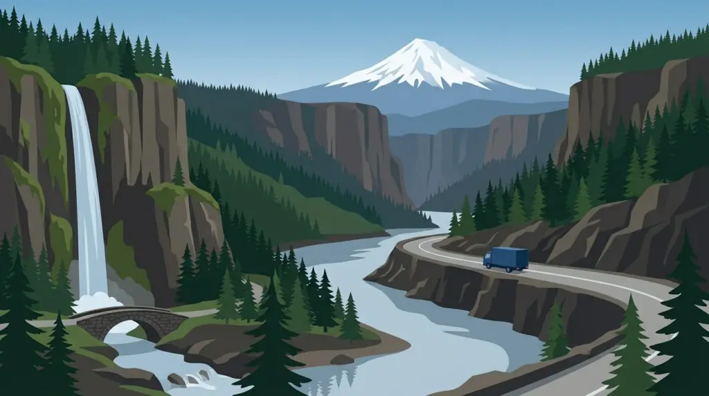 Illustrated guide to moving to Oregon, showing housing, neighbourhoods, costs and arrival
