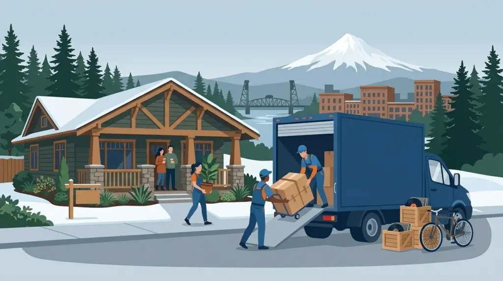 Illustrated guide to moving to Portland, Oregon, showing housing, neighbourhoods, costs and arrival
