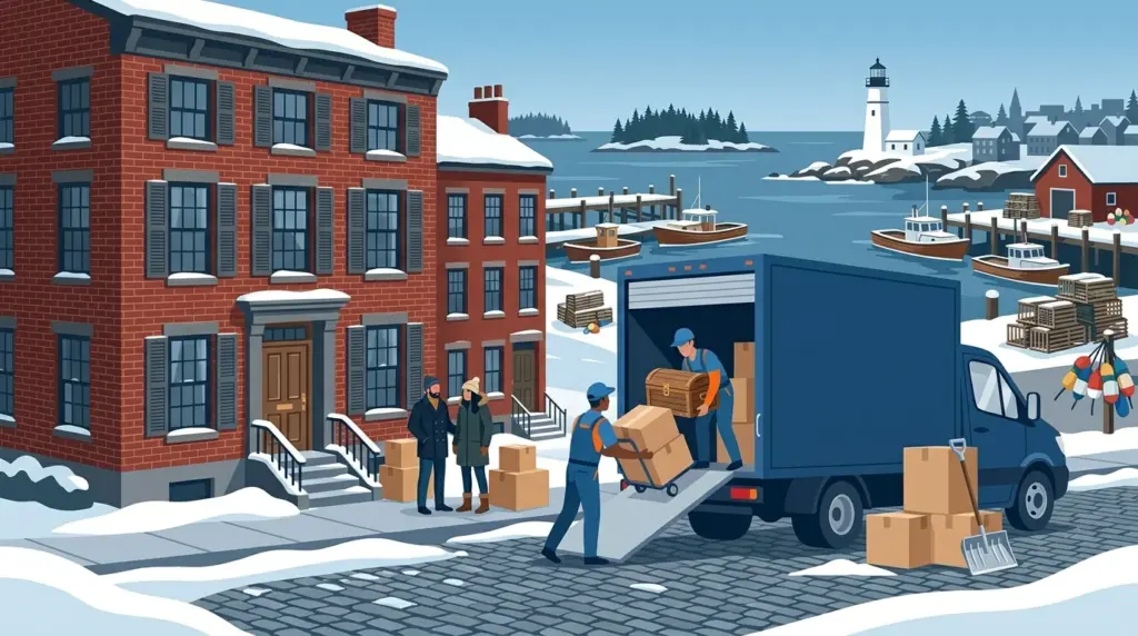 Illustrated guide to moving to Portland, ME, showing housing, neighbourhoods, costs and arrival