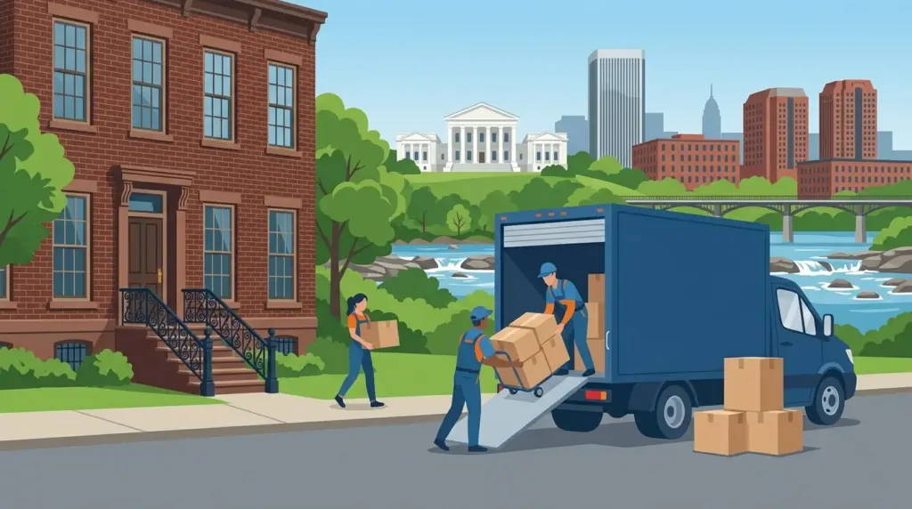 Illustrated guide to moving to Richmond, VA, showing housing, neighbourhoods, costs and arrival
