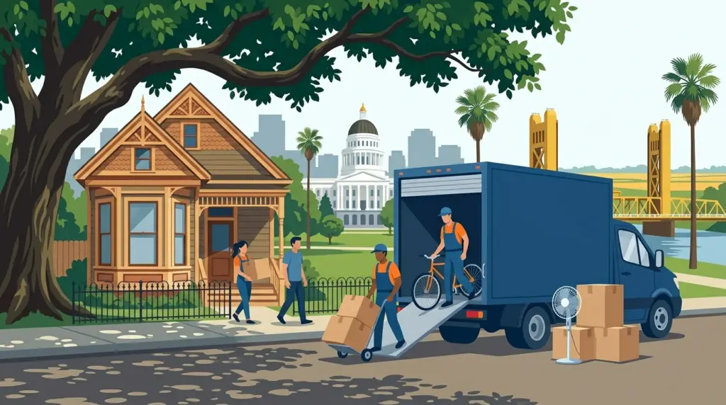 Illustrated guide to moving to Sacramento, showing housing, neighbourhoods, costs and arrival