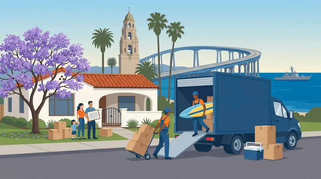 Illustrated guide to moving to San Diego, showing housing, neighbourhoods, costs and arrival