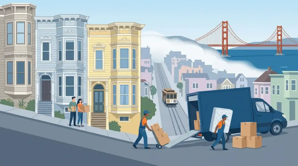 Illustrated guide to moving to San Francisco, showing housing, neighbourhoods, costs and arrival