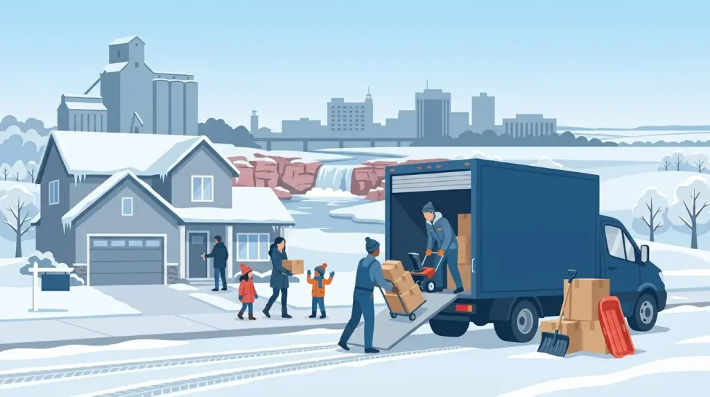 Illustrated guide to moving to Sioux Falls, showing housing, neighbourhoods, costs and arrival