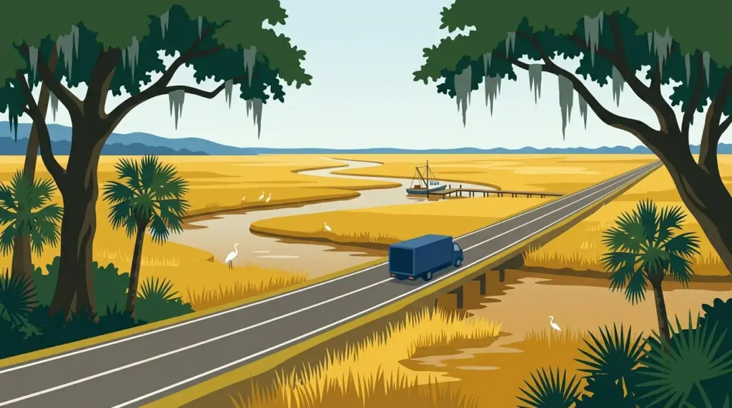 Illustrated guide to moving to South Carolina, showing housing, neighbourhoods, costs and arrival