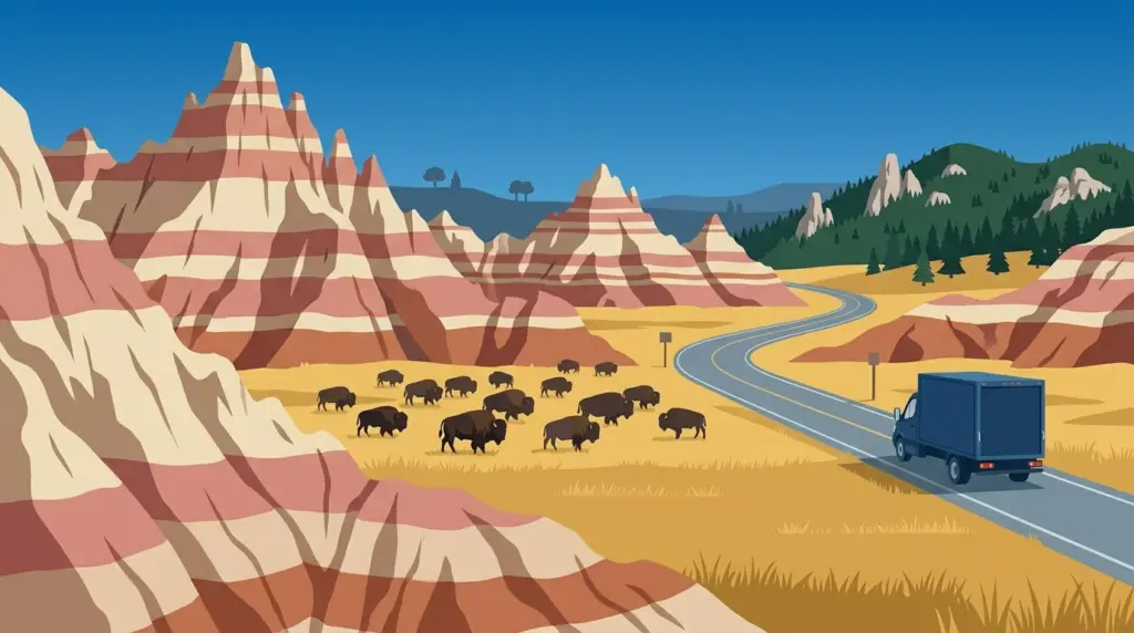 Illustrated guide to moving to South Dakota, showing housing, neighbourhoods, costs and arrival