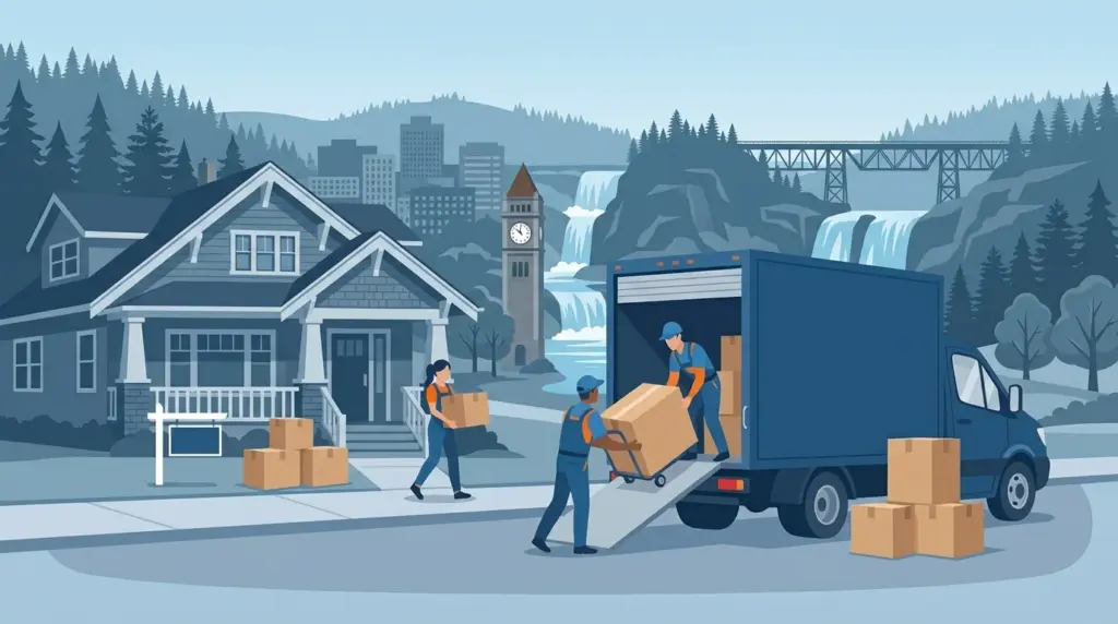 Illustrated guide to moving to Spokane, showing housing, neighbourhoods, costs and arrival