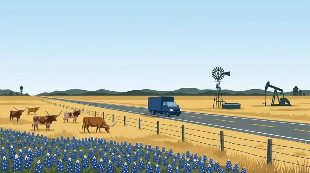 Illustrated guide to moving to Texas, showing housing, neighbourhoods, costs and arrival
