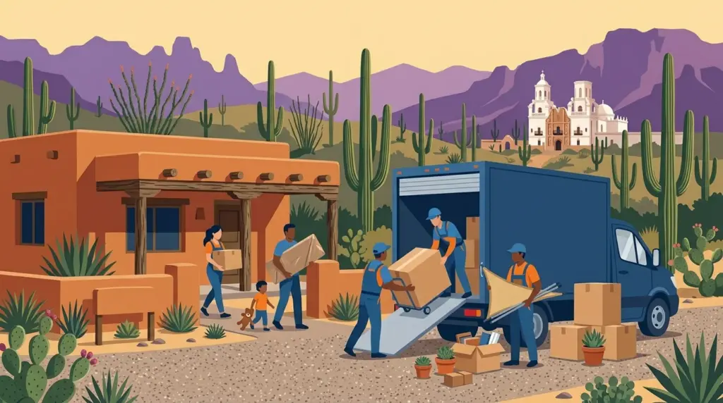 Illustrated guide to moving to Tucson, showing housing, neighbourhoods, costs and arrival