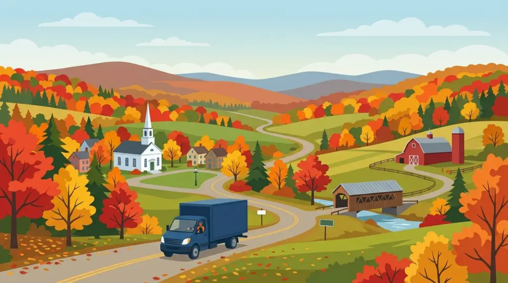 Illustrated landscape of Vermont, showing characteristic terrain and a moving truck on an open road