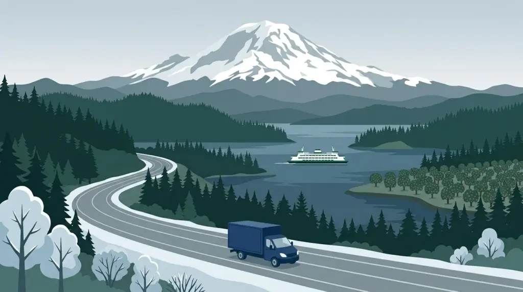 Illustrated guide to moving to Washington State, showing housing, neighbourhoods, costs and arrival