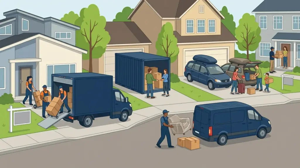 One street with five different kinds of move happening at once, from a full crew to a shipped carton
