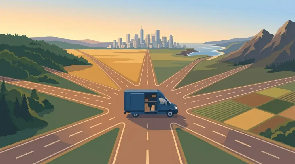 A road forking into six, each running toward a different kind of country, with a truck stopped at the junction