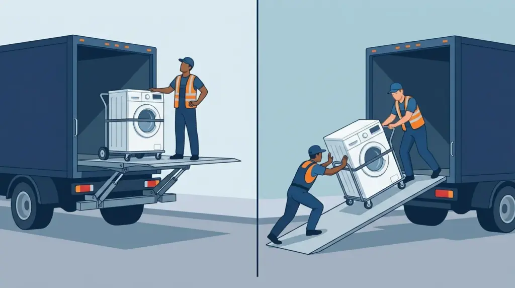 A liftgate platform raised in the air with an appliance on it, beside a truck without one where movers strain up a long ramp