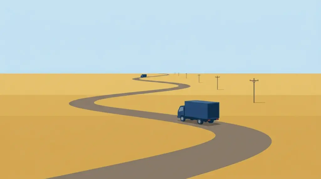 A rental truck on a road that winds away across an empty plain to the horizon, with far still to go