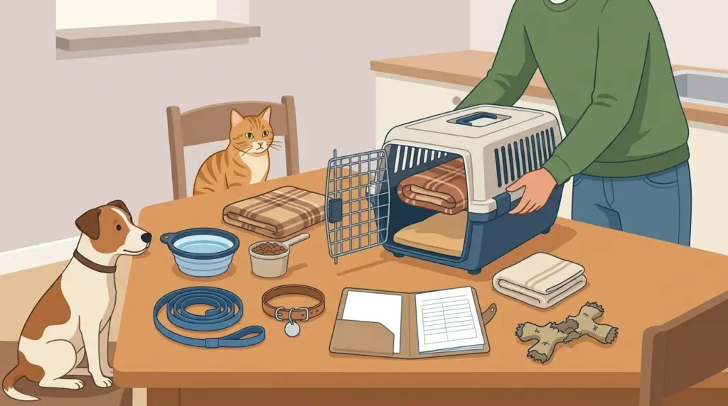 A pet travel kit laid out the night before — carrier, familiar blanket, bowl, lead, collar and the vet record wallet