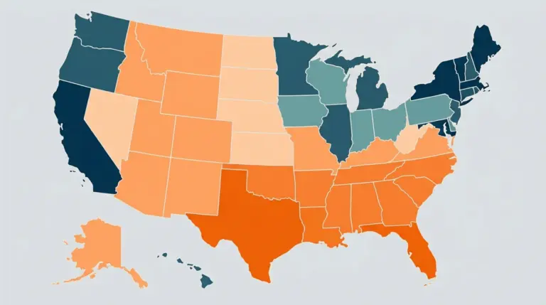A map of the United States coloured by net migration, the south and mountain west gaining while the north-east, great lakes and west coast lose