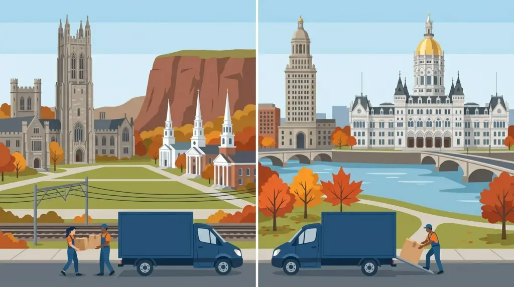 The two Connecticut cities side by side — gothic colleges and a green of white spires against a gold-domed marble capitol on the river