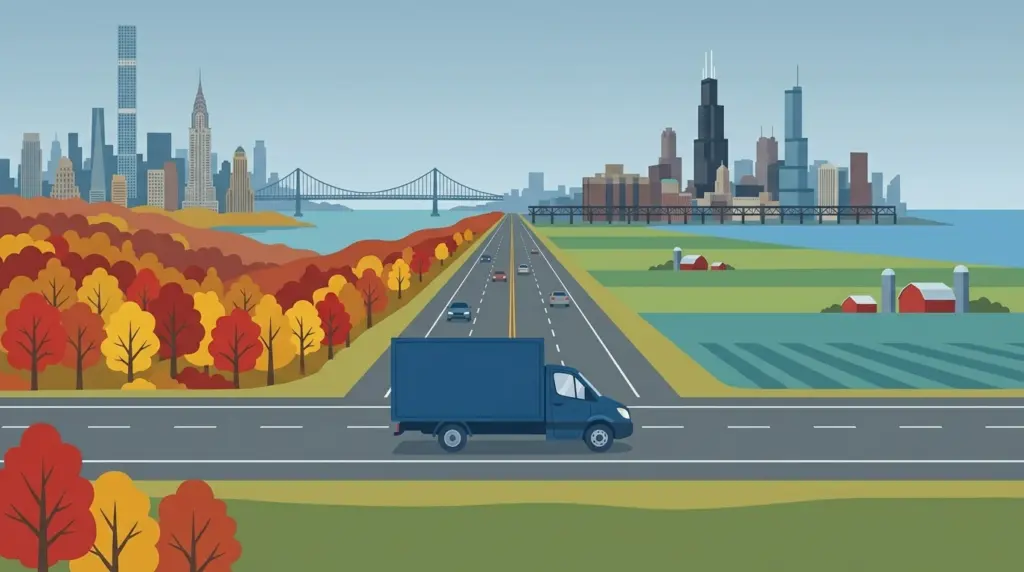 Illustration of the New York–Chicago moving corridor, autumn hardwoods giving way to midwestern farmland