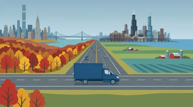 Illustration of the New York–Chicago moving corridor, autumn hardwoods giving way to midwestern farmland
