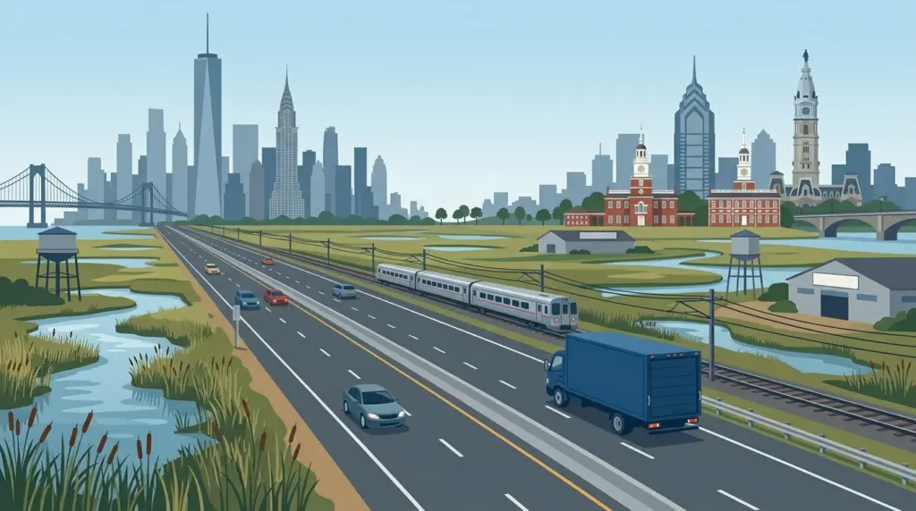 Illustration of the short New York–Philadelphia moving corridor across New Jersey marshland beside the rail line