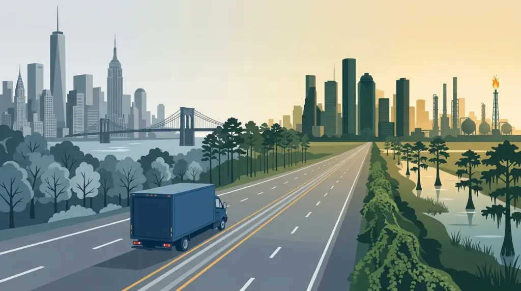 Illustration of the New York City to Houston haul, eastern woodland giving way to Gulf coast bayou