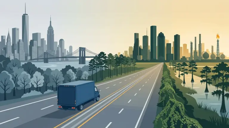 Illustration of the New York City to Houston haul, eastern woodland giving way to Gulf coast bayou