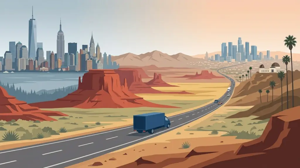 Illustration of the transcontinental New York–Los Angeles moving corridor crossing the western desert