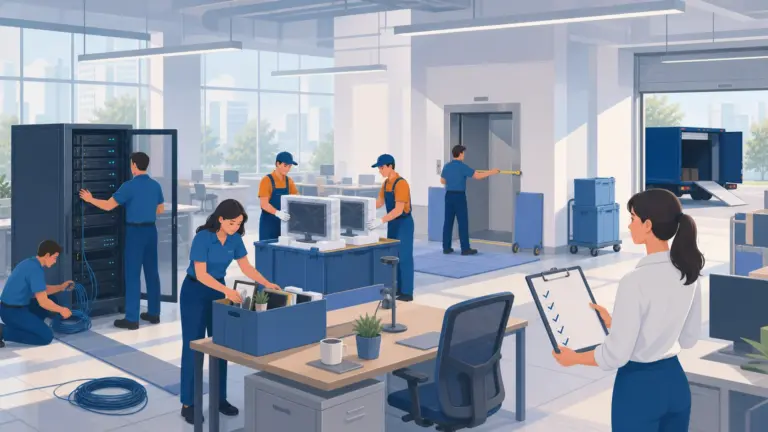 Illustration of an office relocation, showing IT, employee coordination and move-day access