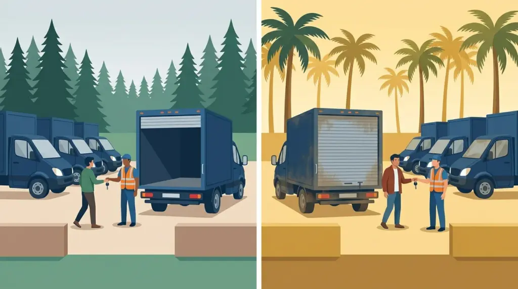 A rental truck collected at a depot among pines and dropped off at a different depot among palms
