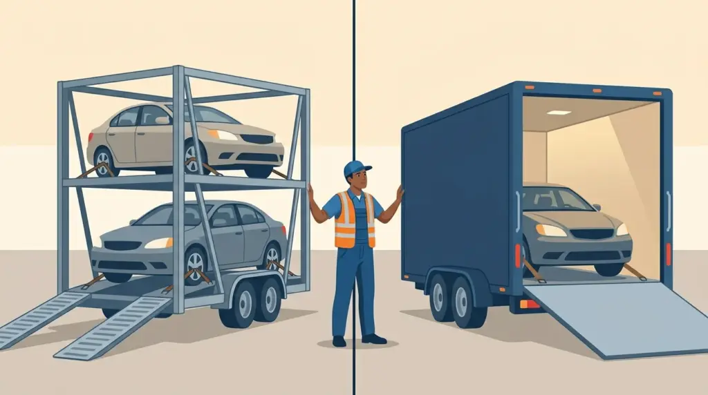 An open skeletal car carrier beside an enclosed box trailer with its door open, shown side by side for comparison