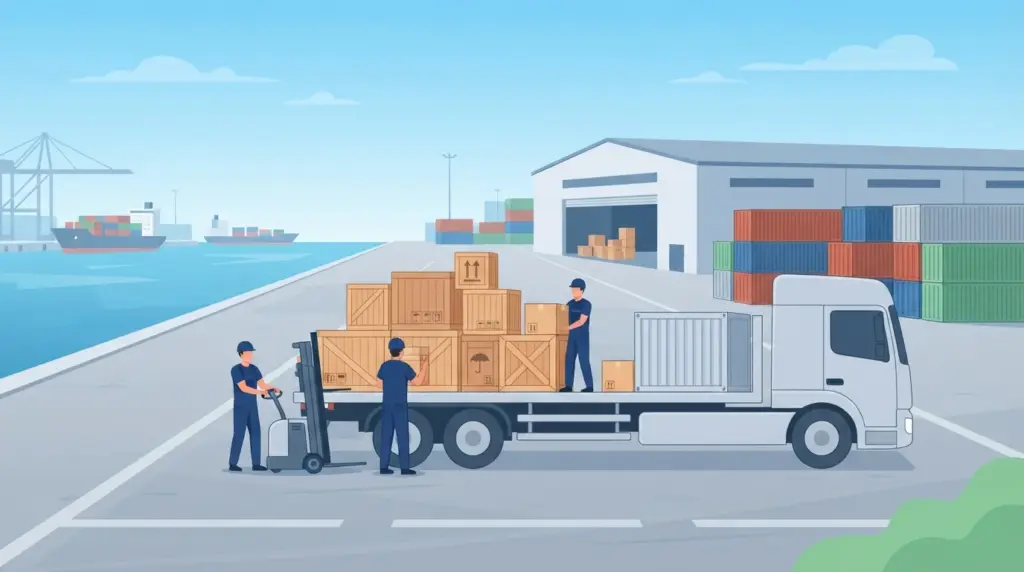Illustration of an overseas household move timeline, from planning through shipping and arrival