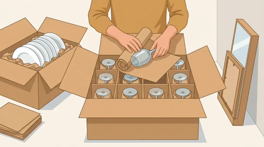Wine glasses wrapped in paper and stood upright in a divided dish-pack box, with plates packed on their edges and a framed picture in a mirror carton