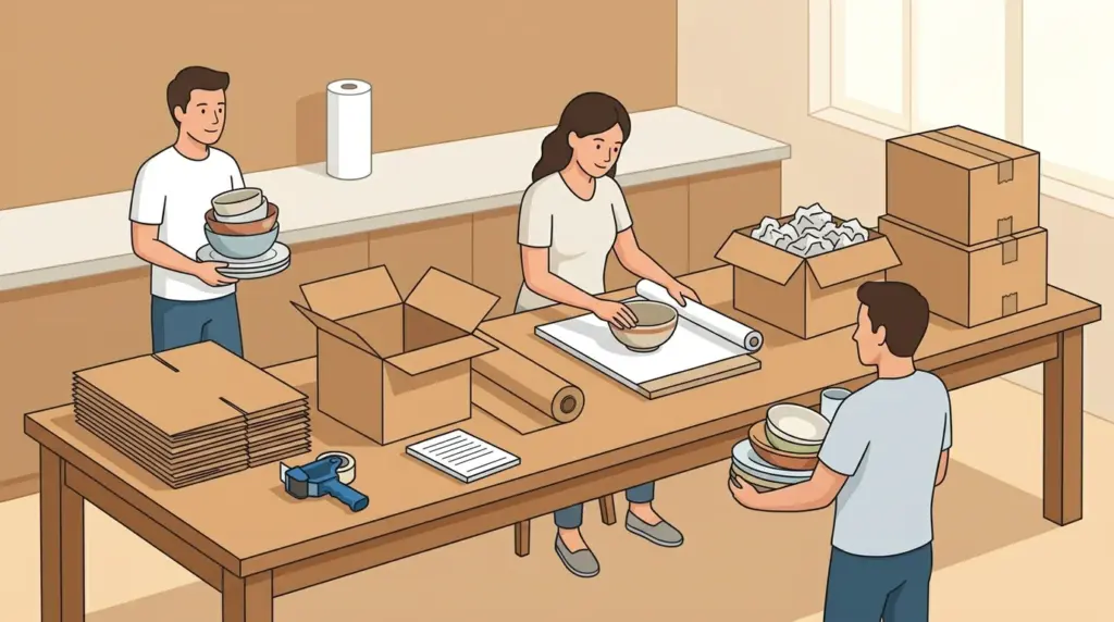 A packing station set up as a production line along one table, from flat boxes at one end to sealed boxes at the other