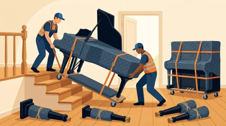Movers easing a blanket-wrapped grand piano on a skid board down stairs, legs detached and wrapped, an upright piano waiting on a dolly