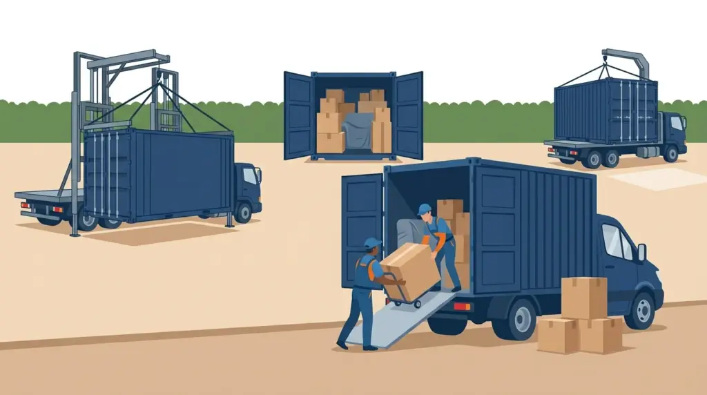 A portable storage container delivered onto a driveway, loaded, and lifted back onto the truck for collection