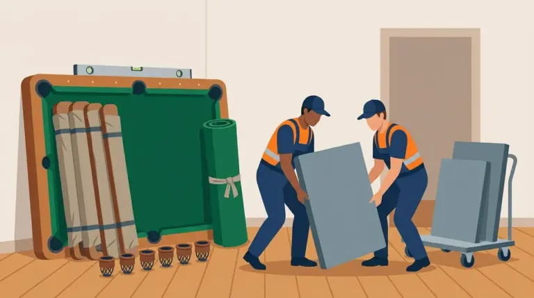 Movers carrying a slate bed section on edge, with the frame, rails, pockets and rolled felt separated and stacked