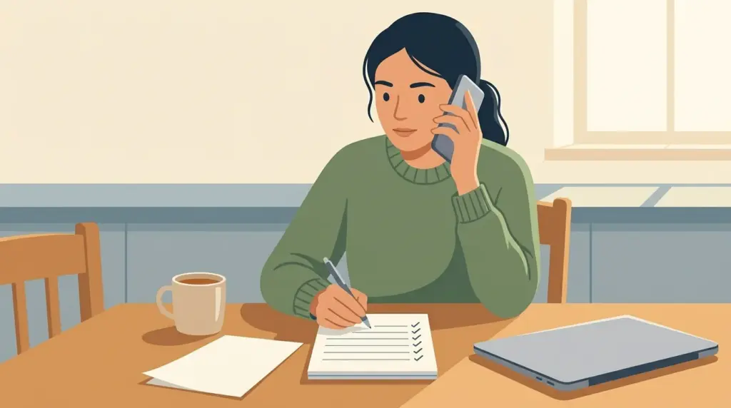 A householder working through a written list of questions on the phone to a moving company, ticking them off as they go