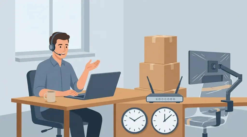 A home office half packed, the connection and the time-zone difference checked before the household commits