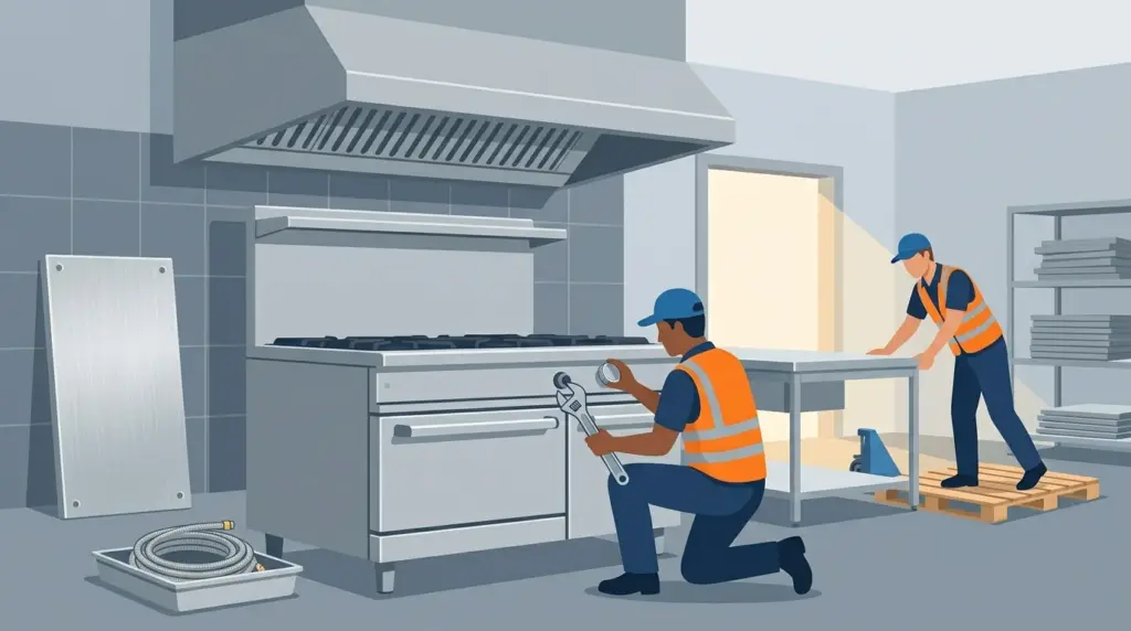 A commercial range being disconnected under its extraction hood, the gas line capped off, with prep counters on a pallet truck