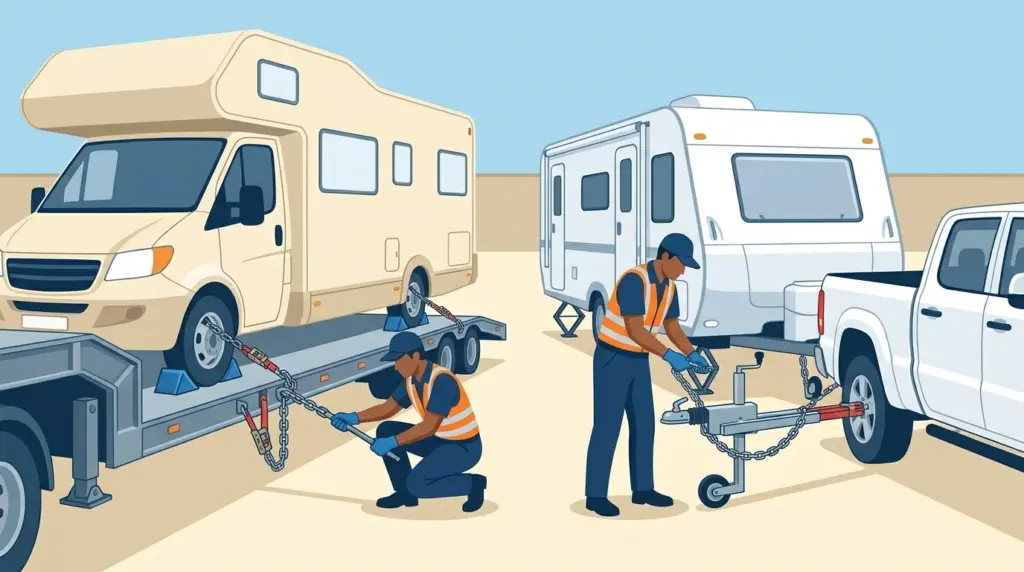 A motorhome chained down on a lowboy trailer beside a travel trailer hitched to a pickup, showing both transport methods