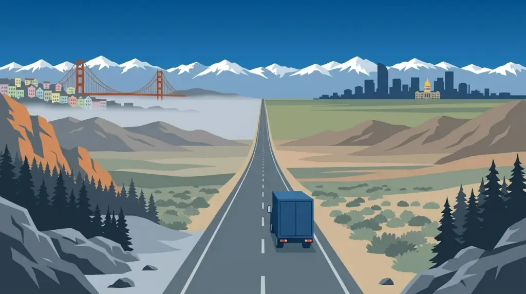 Illustration of the San Francisco to Denver haul, fog and the Sierra giving way to high plains and the Rocky Mountain front