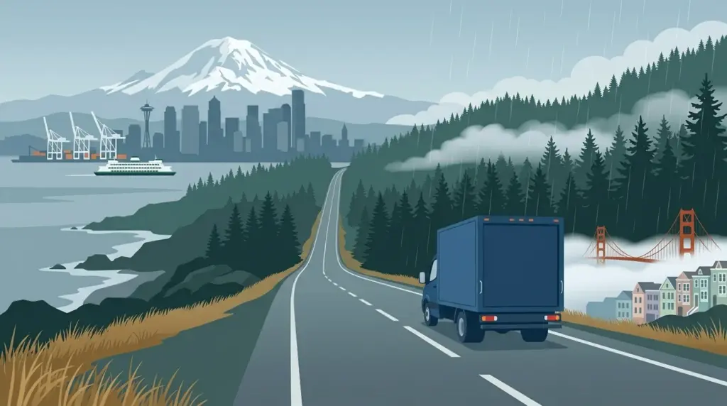 Illustration of the San Francisco to Seattle haul, fog and the Golden Gate giving way to Douglas fir, Puget Sound and Mount Rainier