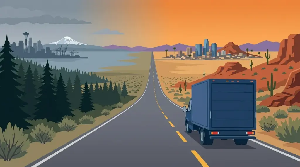 Illustration of the Seattle to Phoenix haul, Pacific Northwest forest giving way to desert